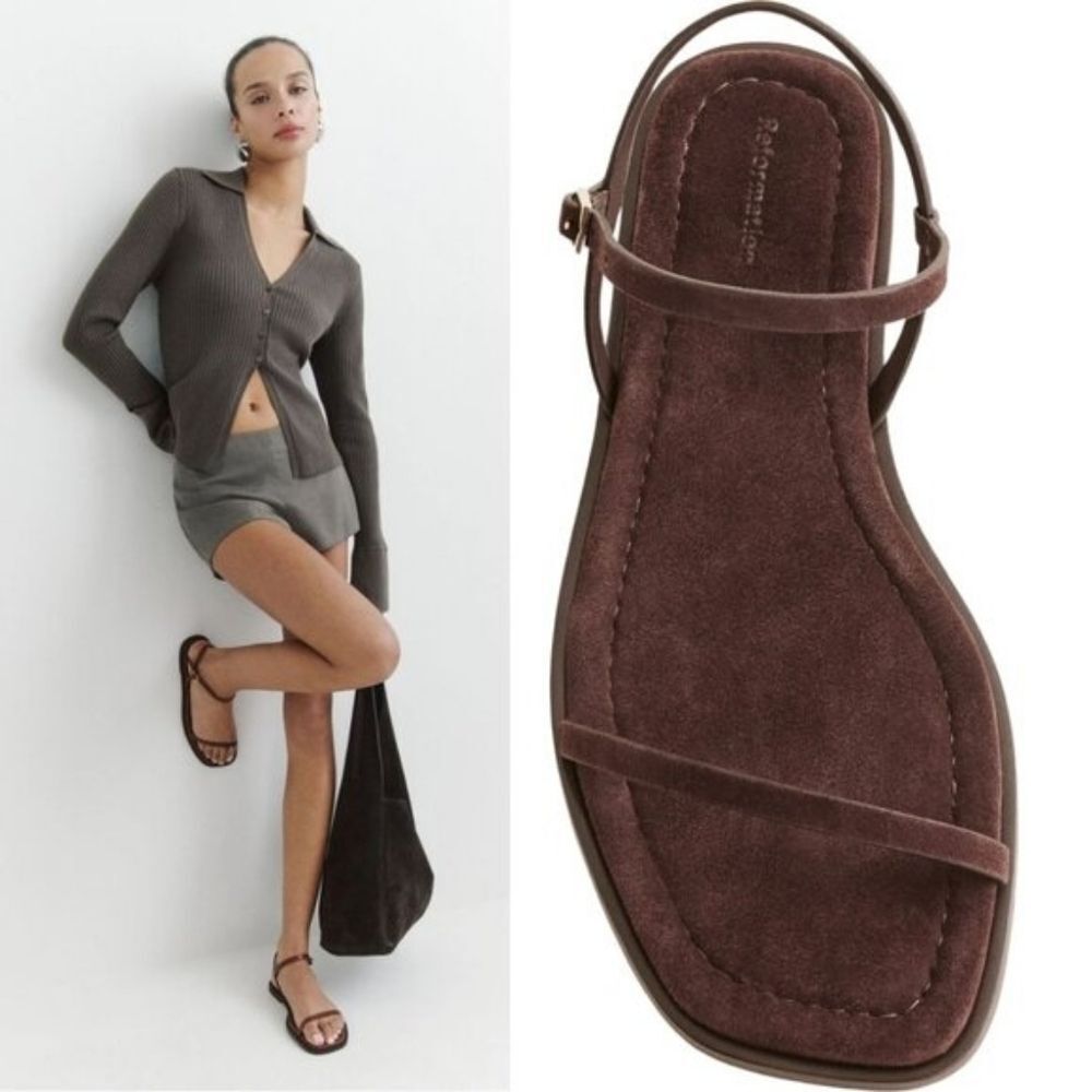 Reformation Chocolate Suede Lake Flat Sandals Size 9